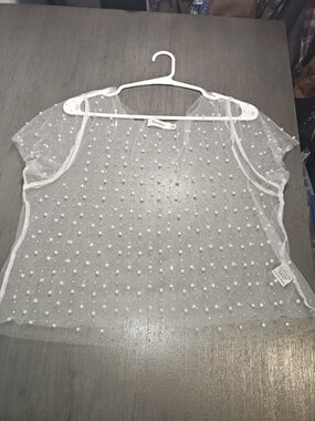 Faded Rose  White Sheer Pearl-Embellished Mesh Blouse XL